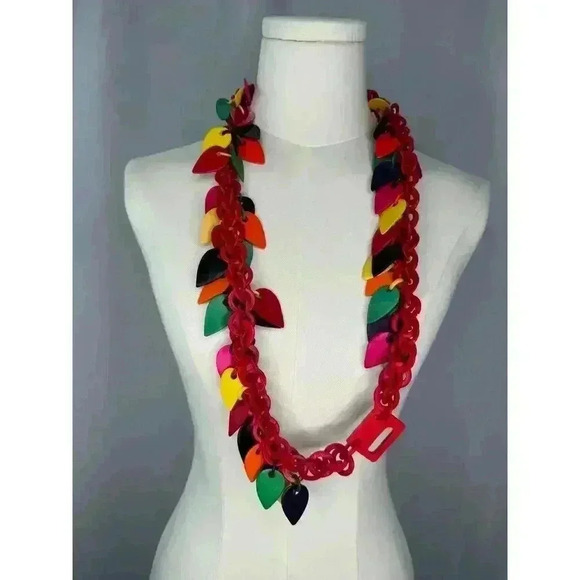 Statement Vtg Retro MOD Red Green Yellow Cluster Necklace - Picture 7 of 10